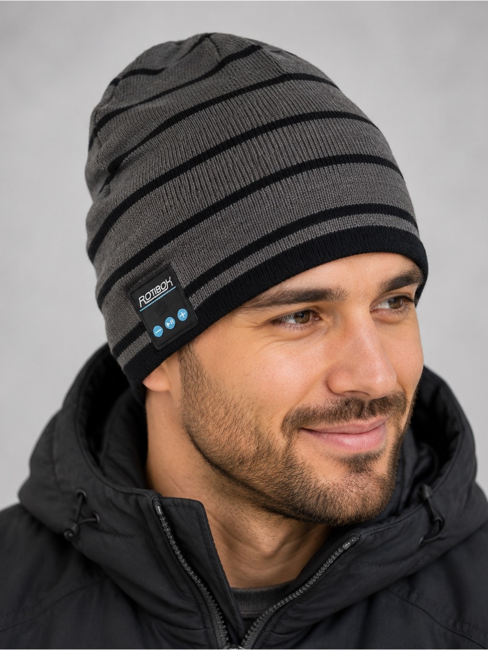 Rotibox Bluetooth Music Beanie Gray Black Striped Wireless Winter Hat New